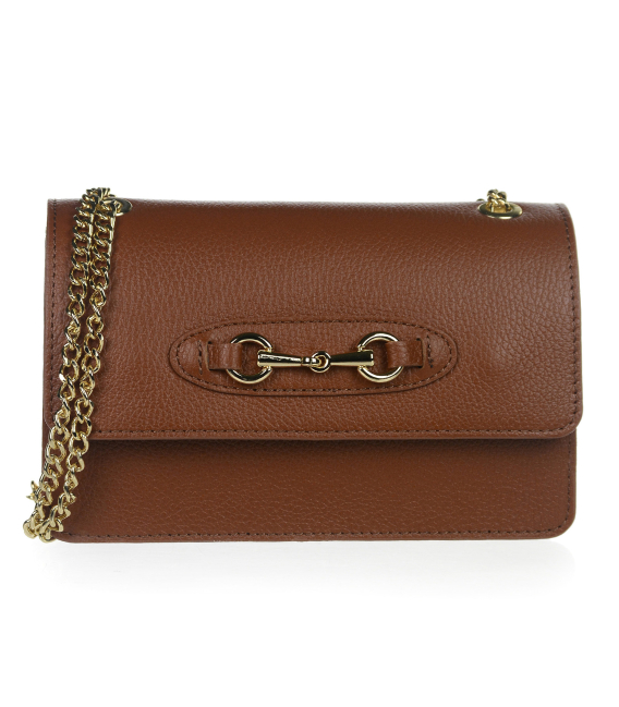 Kožená hnedá crossbody kabelka s retiazkou a zlatou ozdobou Edita 20-048