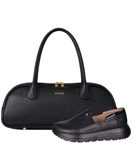 Zvýhodnený set čierne kožené slip on mokasíny DTE054+Kabelka Diana