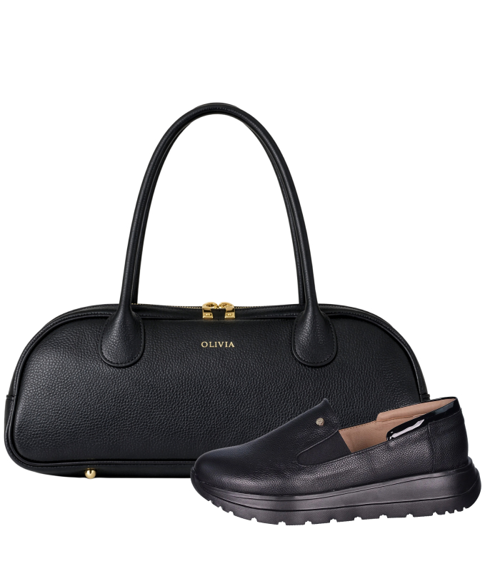 Zvýhodnený set čierne kožené slip on mokasíny DTE054+Kabelka Diana