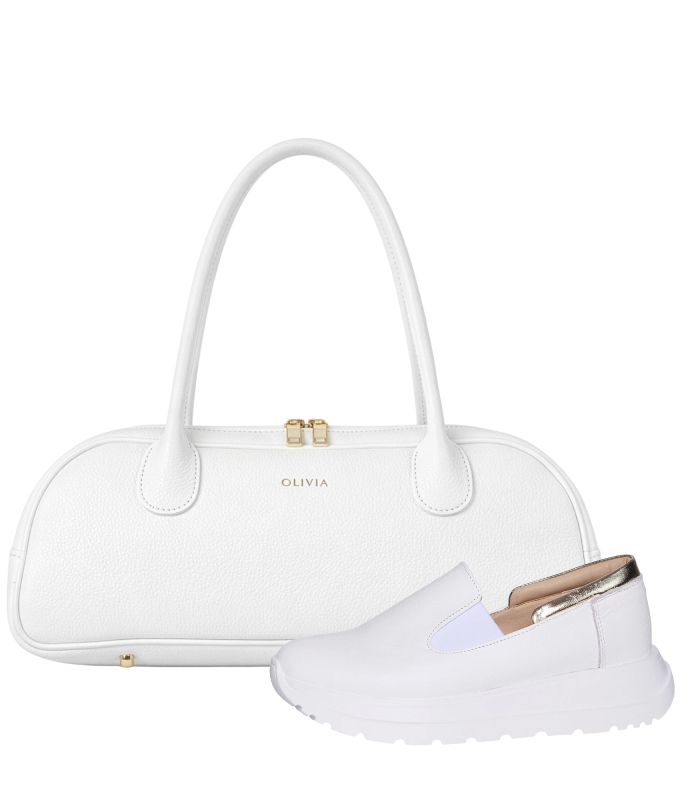 Zvýhodnený set biele slip on mokasíny DTE054+ Kabelka Diana