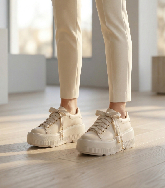 Kožené béžové tenisky s ozdobnými šnúrkami na maxi podošve 2530