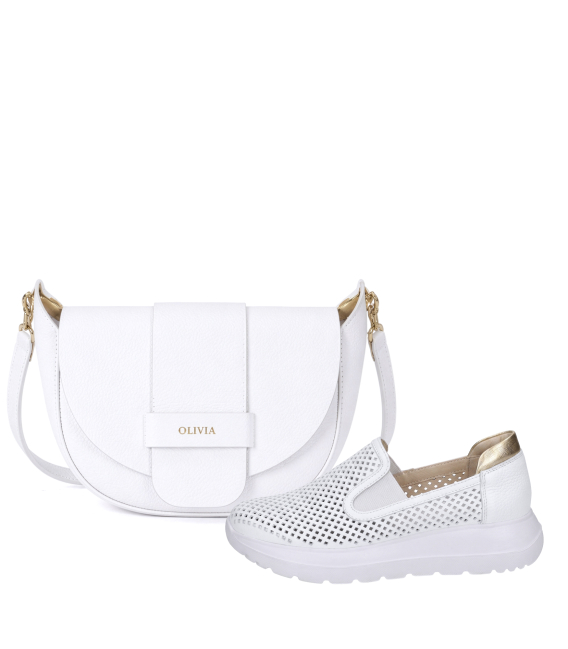 Zvýhodnený set biele perforované slip on mokasíny DTE054+kabelka Sofia