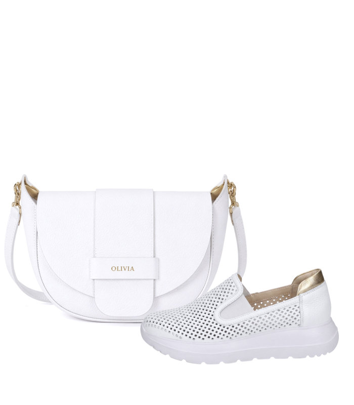 Zvýhodněný set bílý perforovaný slip on mokasíny DTE054+kabelka Sofia