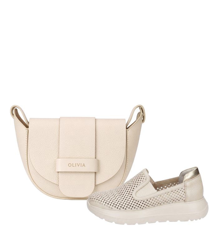 Zvýhodněný set béžové perforované slip on mokasíny DTE054+kabelka Sofia