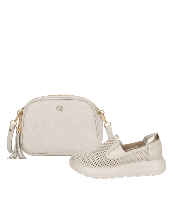 Zvýhodnený set béžové perforované slip on mokasíny DTE054+kabelka Laura