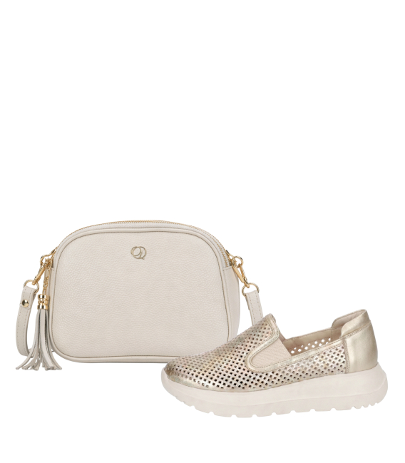 Zvýhodnený set zlaté perforované slip on mokasíny DTE054+Kabelka Laura