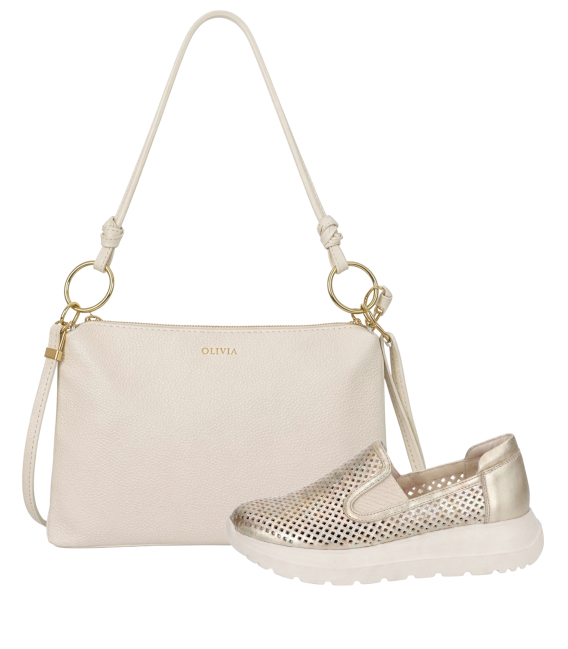 Zvýhodnený set zlaté perforované slip on mokasíny DTE054+kabelka Karin