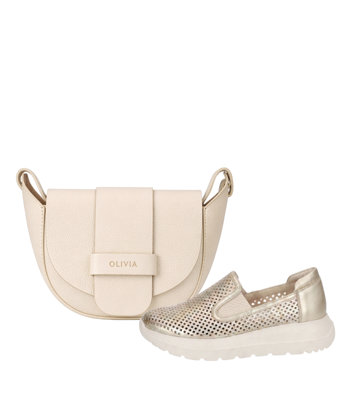 Zvýhodnený set zlaté perforované slip on mokasíny DTE054+kabelka Sofia