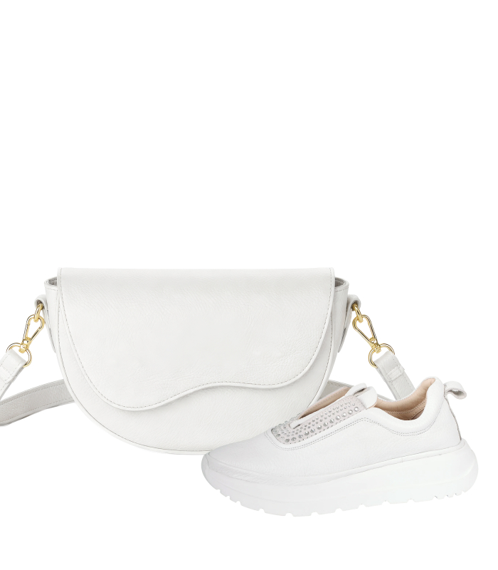 Zvýhodnený set biele slip on tenisky s kamienkami na podošve unica 2534+kabelka Linda