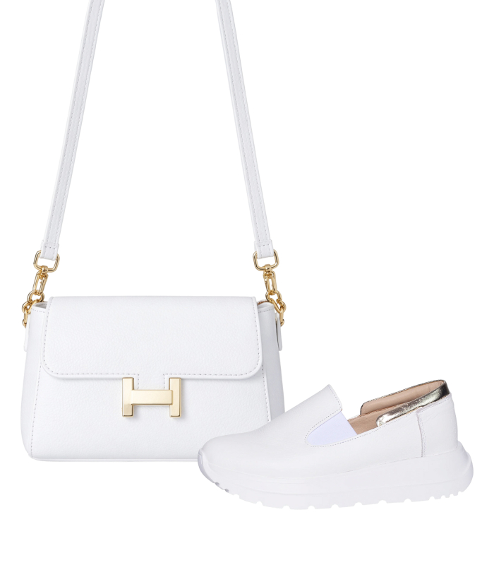 Zvýhodnený set biele slip on mokasíny DTE054+kabelka Ivana