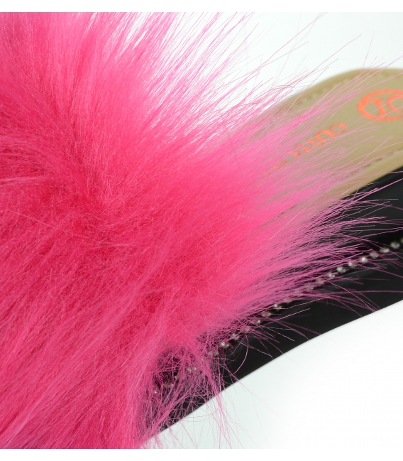 Čierne kožené šľapky s ružovou kožušinkou SHINE DSL3001