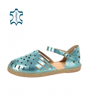 Žiarivé modré pohodlné kožené sandále s viazaním okolo nohy 016-5005