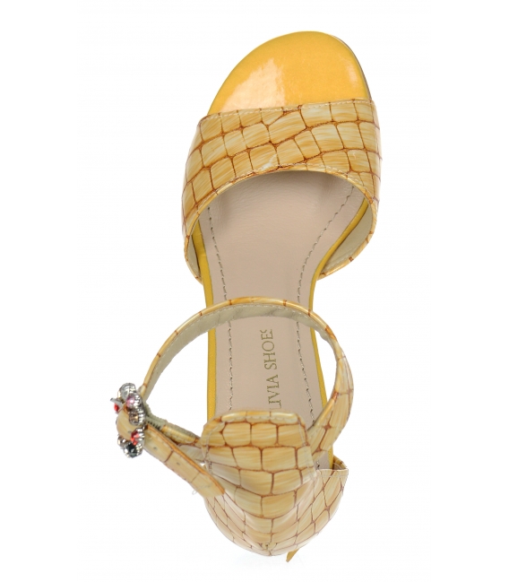 Žlté dámske sandále na hrubom podpätku s kroko vzorom DSA036