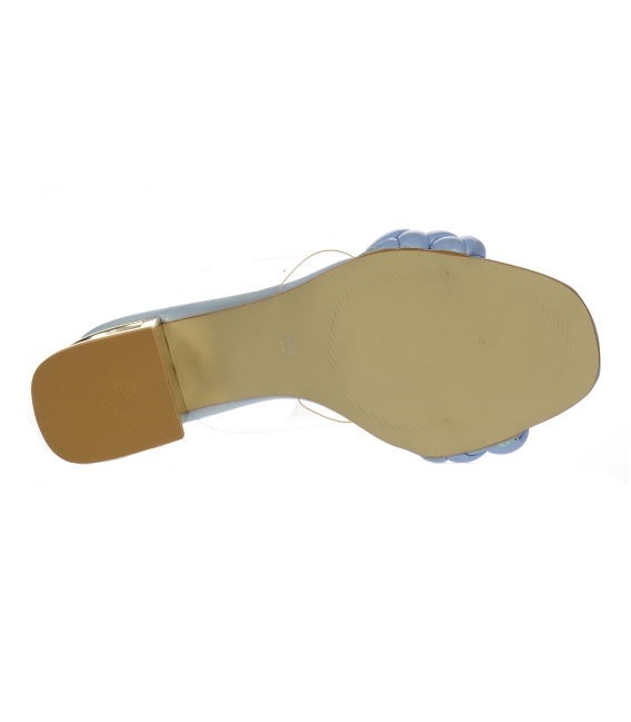 Bledomodré kožené prepletané šľapky s priesvitným lemom a zlatým podpätkom DSL2310