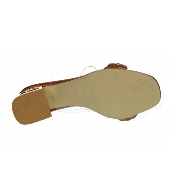 Hnedé kožené prepletané šľapky s priesvitným lemom a zlatým podpätkom DSL2310