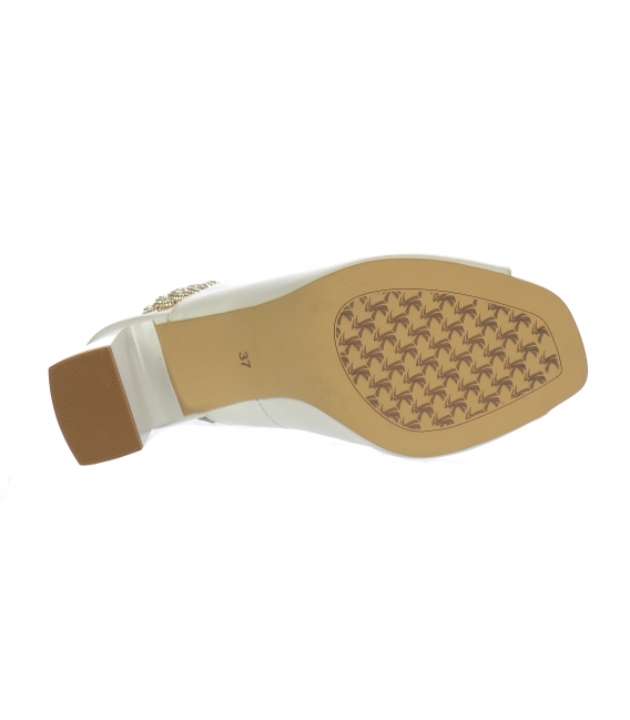 Biele kožené sandále na podpätku s prepletaným kamienkovým zdobením 2328