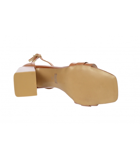 Hnedé kožené sandále na hranatom podpätku so zlatou ozdobou DSA2301