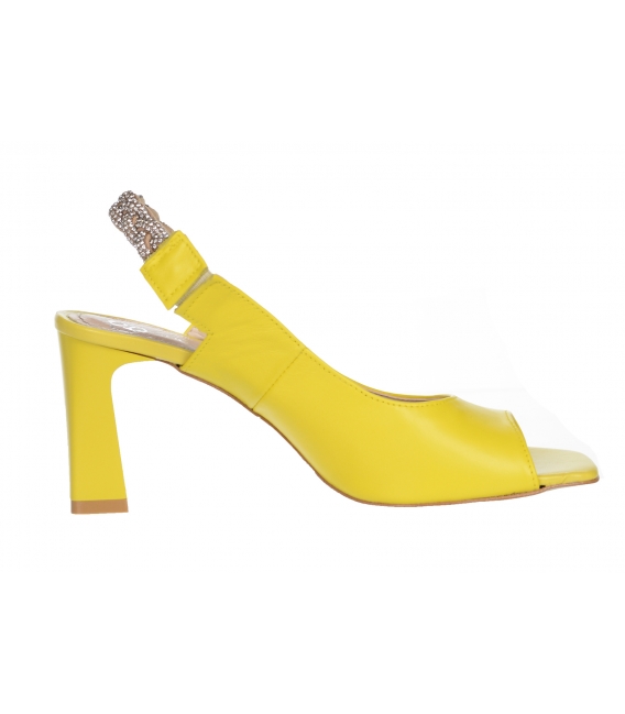 Žlté kožené sandále na podpätku s prepletaným kamienkovým zdobením 2328