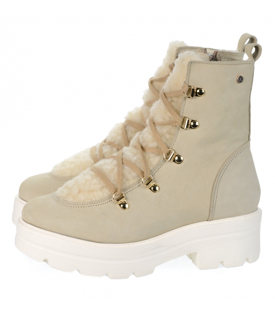Bežové členkové čižmy z brúsenej kože a kožušinou K1656 beige nubuk