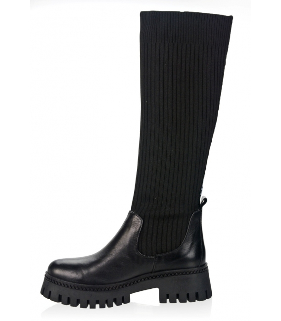 Čierne čižmy pod kolená s elastickou textilnou sárou 10272-SA