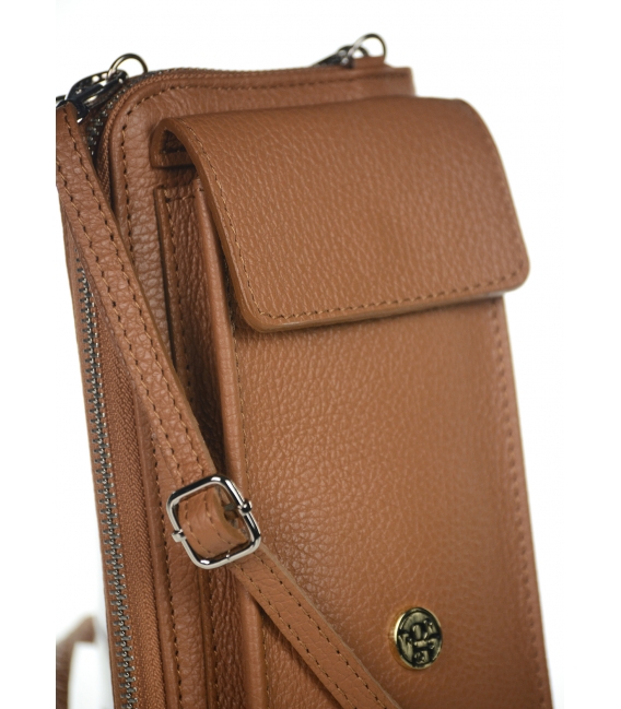 Praktická kožená hnedá crossbody peňaženka s vreckom Michaela