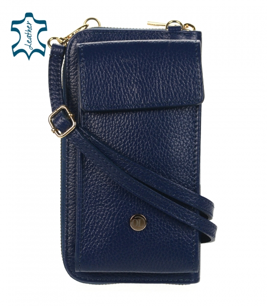Praktická kožená modrá crossbody peňaženka s vreckom Michaela