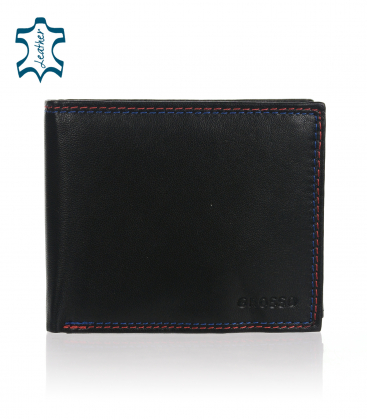 Férfi fekete bőr pénztárca kék-piros varrással GROSSO 01