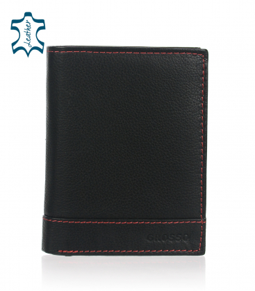 Pánska kožená čierna peňaženka s červeným prešívaním GROSSO 001