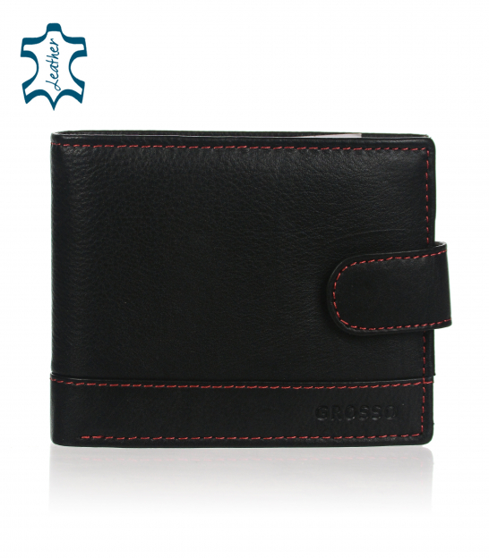 Pánska kožená čierna peňaženka s červeným prešívaním GROSSO 002